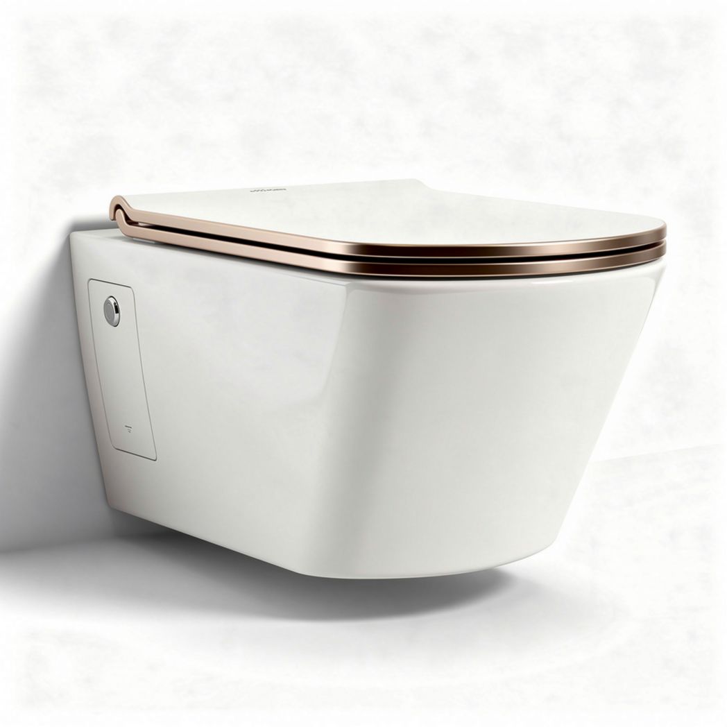Vaso wc sospeso in ceramica bianca con copriwater in color bronzo 70 x 40 x 30cm
