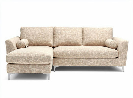 Divano angolare in tessuto beige con chaise longue dimensioni 200 x 90 x 85cm