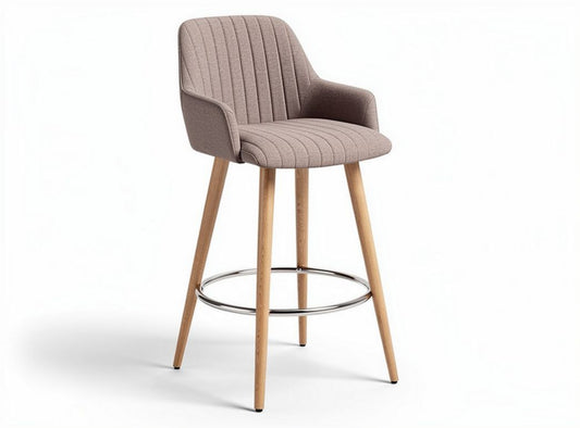 Sgabello alto in tessuto beige con gambe in legno e supporto in metallo dimensioni 45 x 45 x 100cm