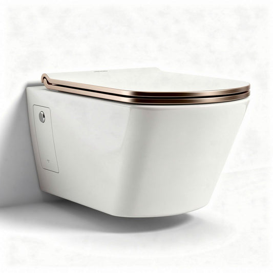 Vaso wc sospeso in ceramica bianca con copriwater in color bronzo 70 x 40 x 30cm