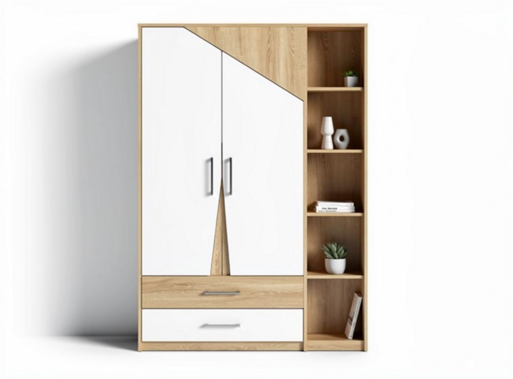 Armadio moderno bianco con ante a specchio e sette cassetti 180 x 200 x 60cm