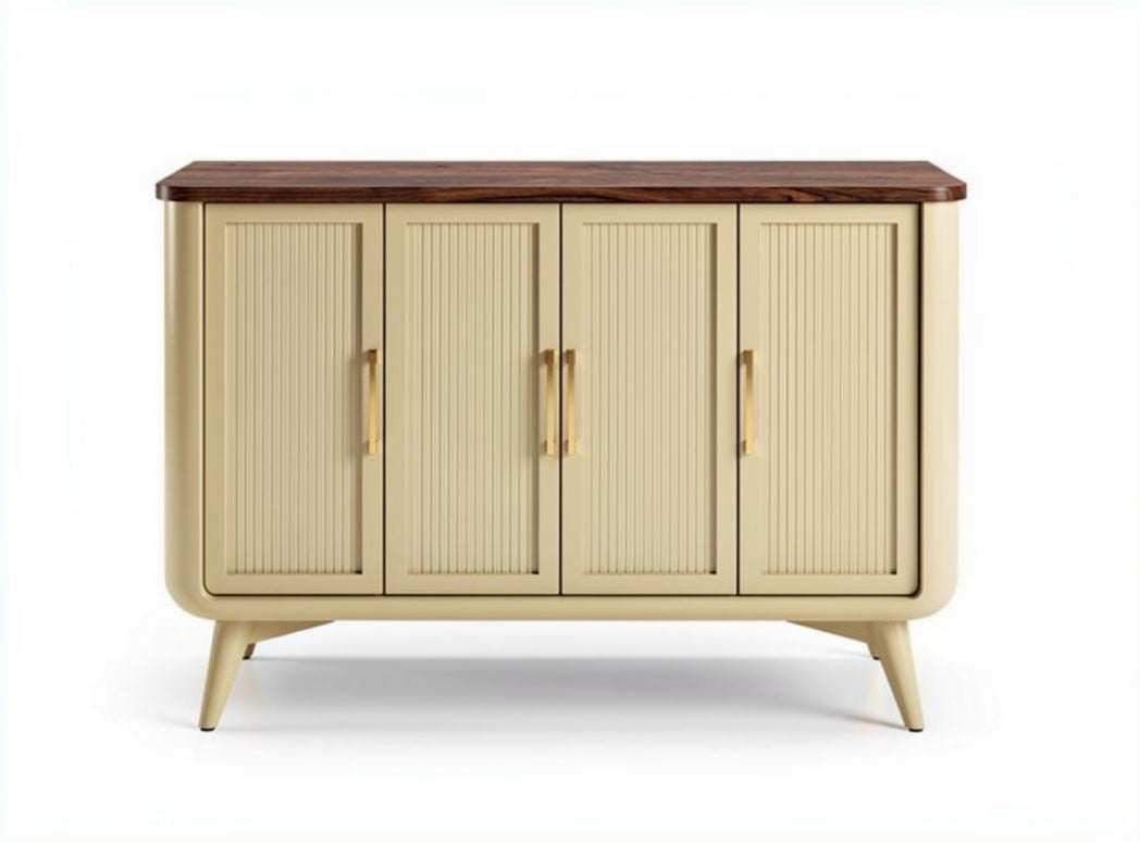 Mobile contenitore bianco con sportelli in rattan e top in legno 150 x 40 x 80cm