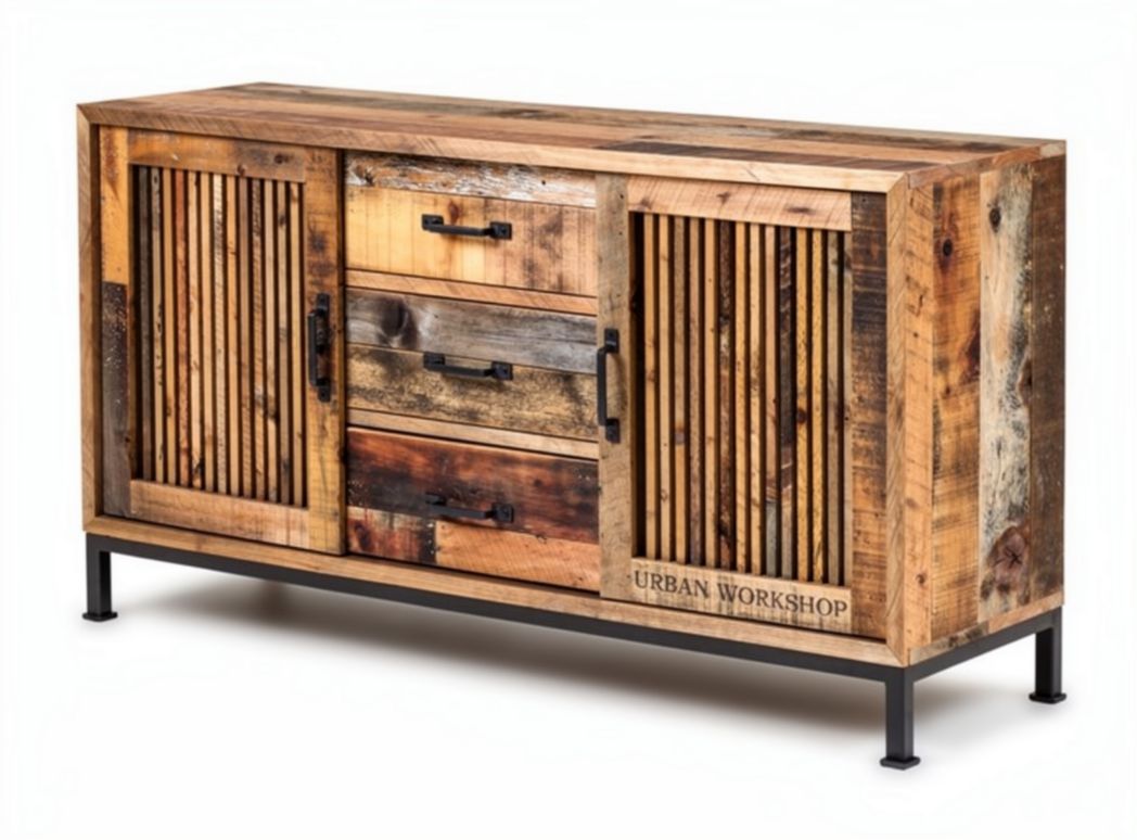 Mobile in legno riciclato con cassetti e porta scorrevole 150 x 50 x 70cm