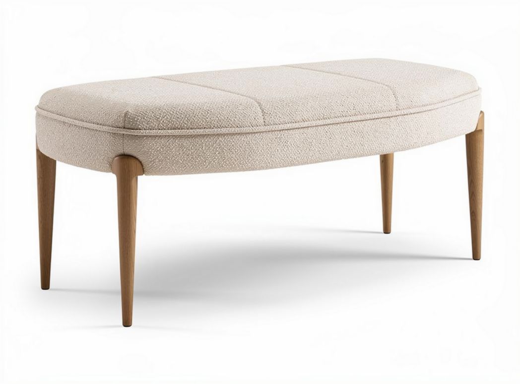 Pouf rettangolare in tessuto beige con gambe in legno dimensioni 120 x 50 x 40cm