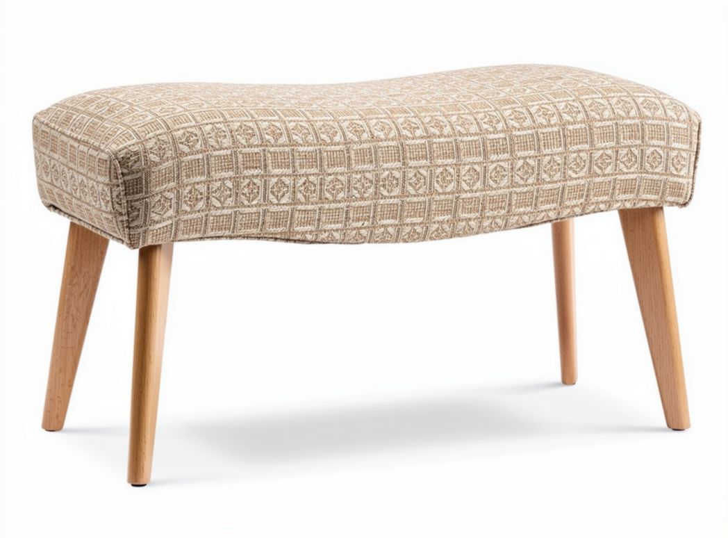 Panchetta imbottita in tessuto beige con gambe in legno 90 x 40 x 45cm